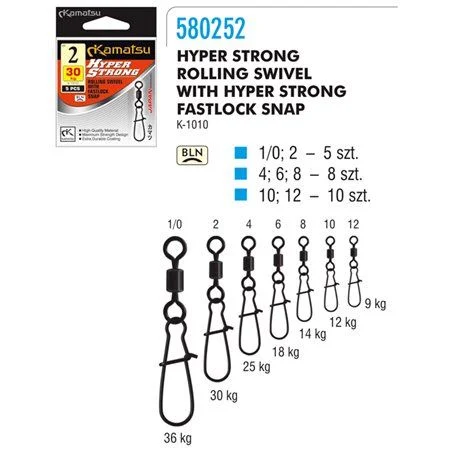 Krętlik Z Agrafką Kamatsu Hyper Strong Rolling Swivel Fastlock Snap K-1010 2 30kg 5 szt. Oferta limitowana