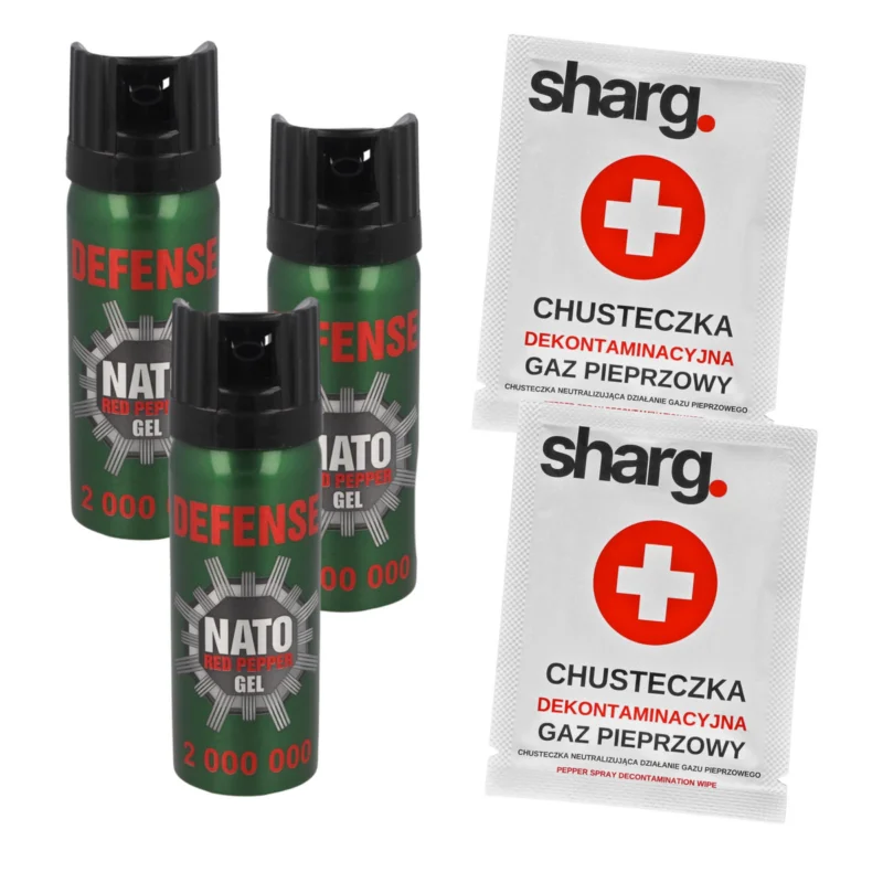 Promocja Zestaw 3x Gaz pieprzowy Sharg Nato Defence Gel 2mln Cone 50ml + 2x chusteczka dekontaminacyjna (41050-C)
