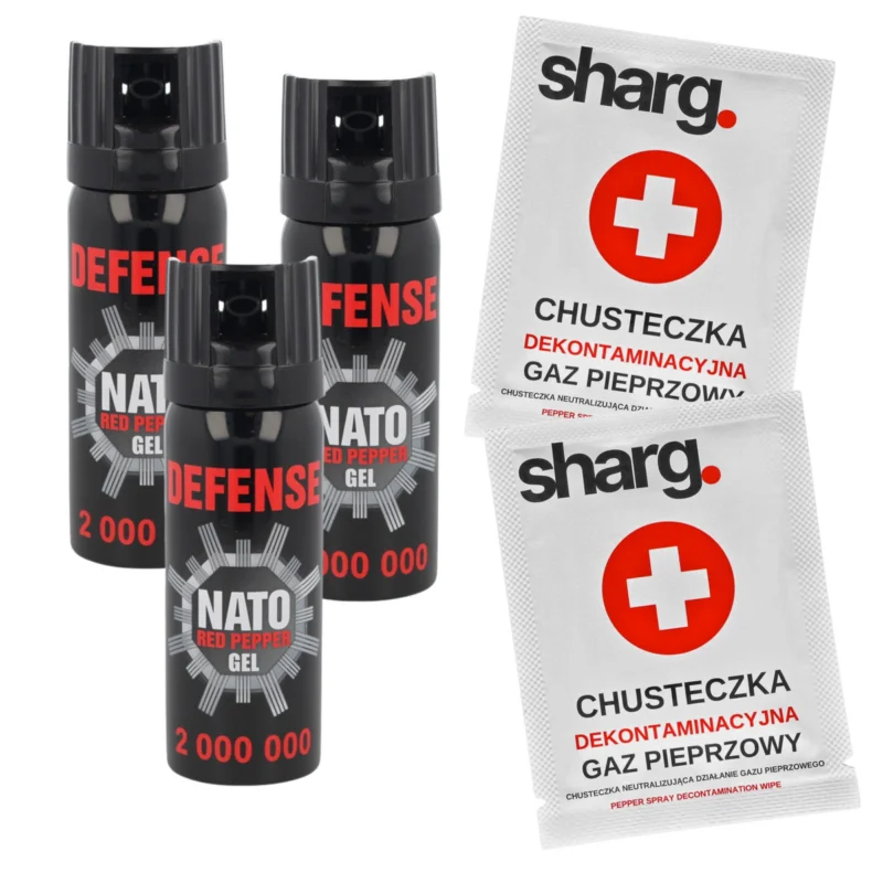 Zestaw 3x Gaz pieprzowy Sharg Nato Defence Gel 2mln Cone 50ml i 2x chusteczka dekontaminacyjna (40050-C) Obniżka ceny