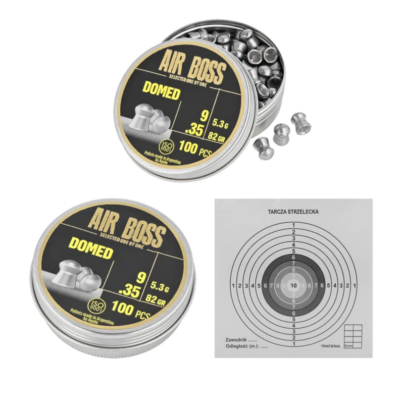Hit cenowy Zestaw dwóch opakowań Śrut Apolo Air Boss Domed 9 mm, 100 szt. 5.30g/82.0gr i Tarcze strzeleckie Sharg 140x140mm 50szt