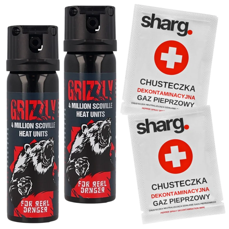 Zestaw 2x gaz pieprzowy Sharg Grizzly Gel 4mln SHU, 26.4% OC 63ml i 2x Chusteczka Dekontaminacyjna (13063-C) Obniżka ceny